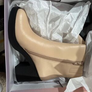 Neutral Cream Block-Heel Ankle Booties with Side Zip